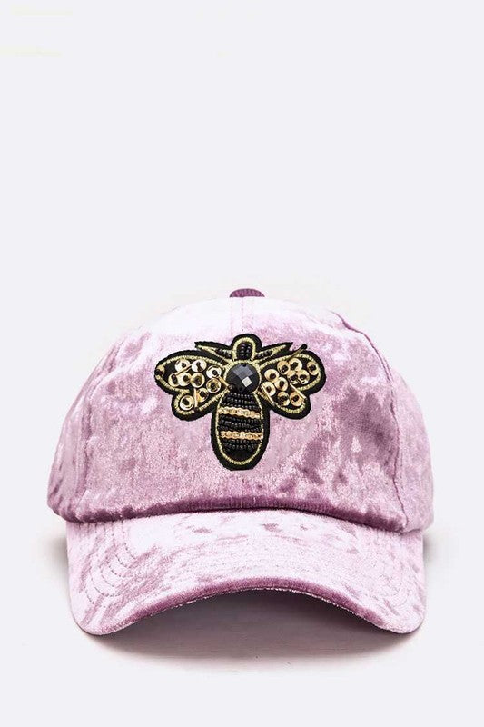 Golden Bee Patch Distressed Velour Cap