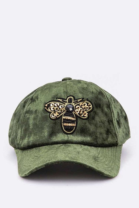 Golden Bee Patch Distressed Velour Cap