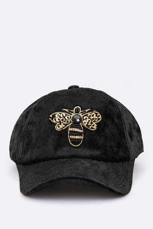 Golden Bee Patch Distressed Velour Cap