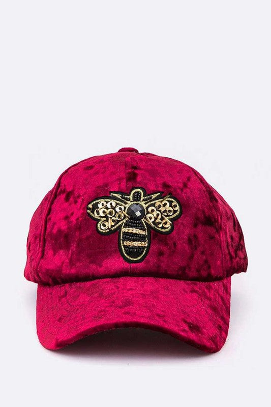 Golden Bee Patch Distressed Velour Cap