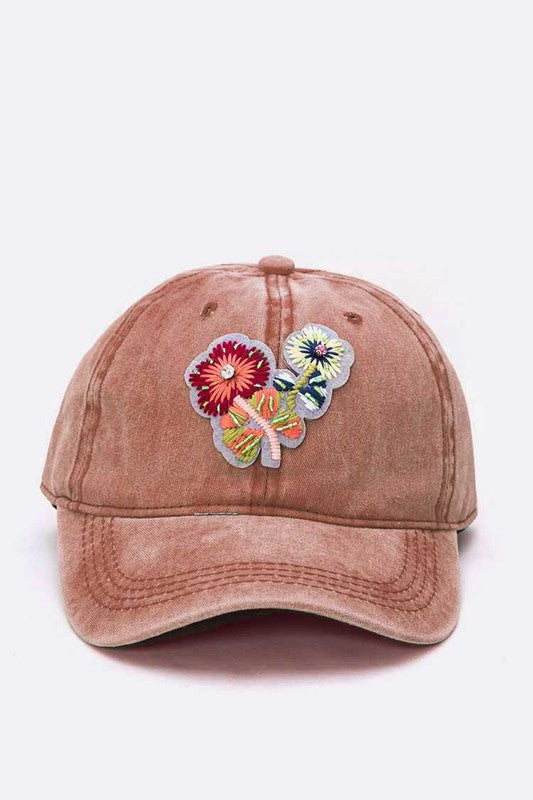 Embroidered Flower Washed Cotton Cap