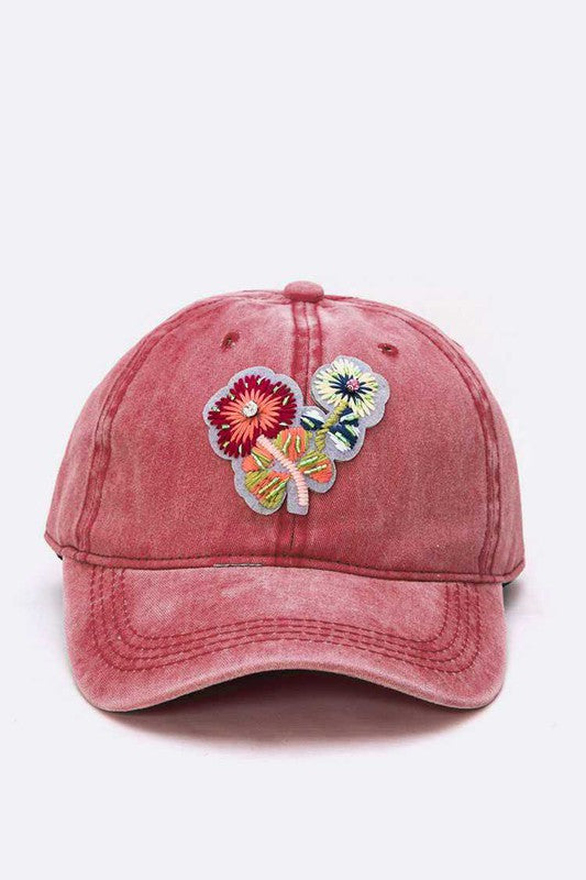 Embroidered Flower Washed Cotton Cap