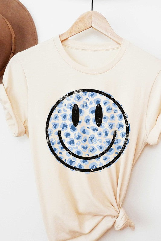 DISTRESSED LEOPARD HAPPY FACE GRAPHIC T-SHIRT