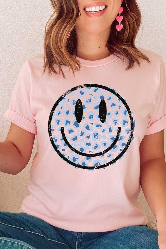 DISTRESSED LEOPARD HAPPY FACE GRAPHIC T-SHIRT