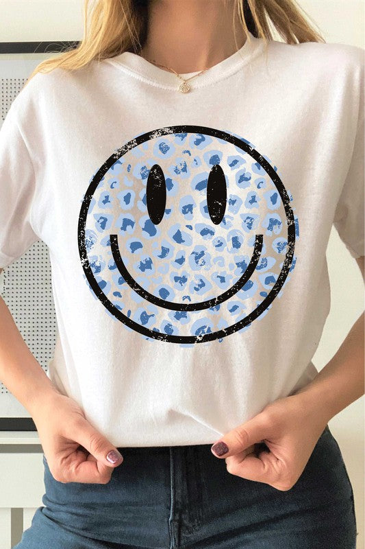 DISTRESSED LEOPARD HAPPY FACE GRAPHIC T-SHIRT