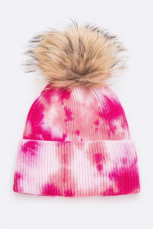 Tie Dyed Natural Raccoon Fur Pom Beanie