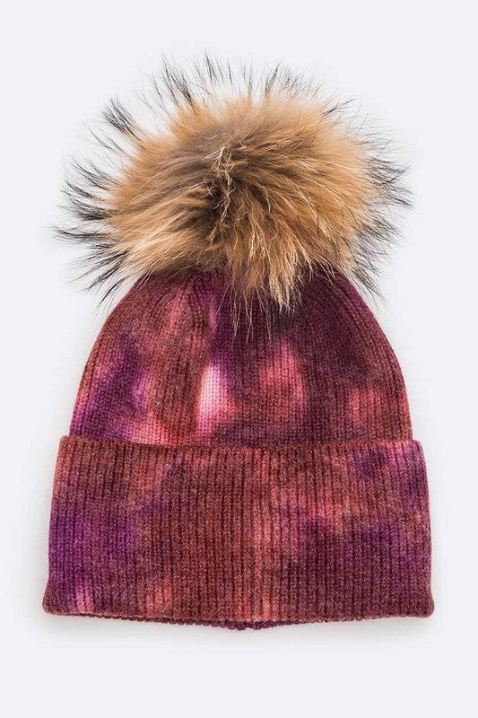 Tie Dyed Natural Raccoon Fur Pom Beanie