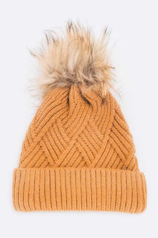 Raised Knit Raccoon Fur Pom Beanie