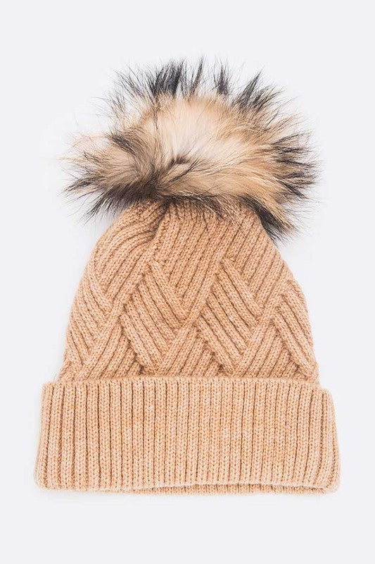 Raised Knit Raccoon Fur Pom Beanie