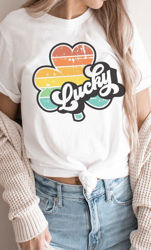 Lucky Retro Distressed Rainbow Clover Graphic Tee