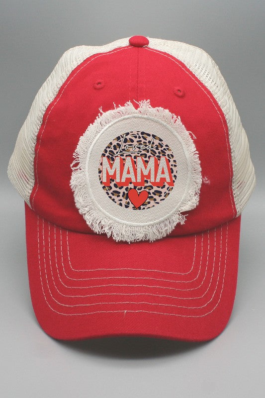 Loved Red Mama Leopard Circle Patch Trucker Hat