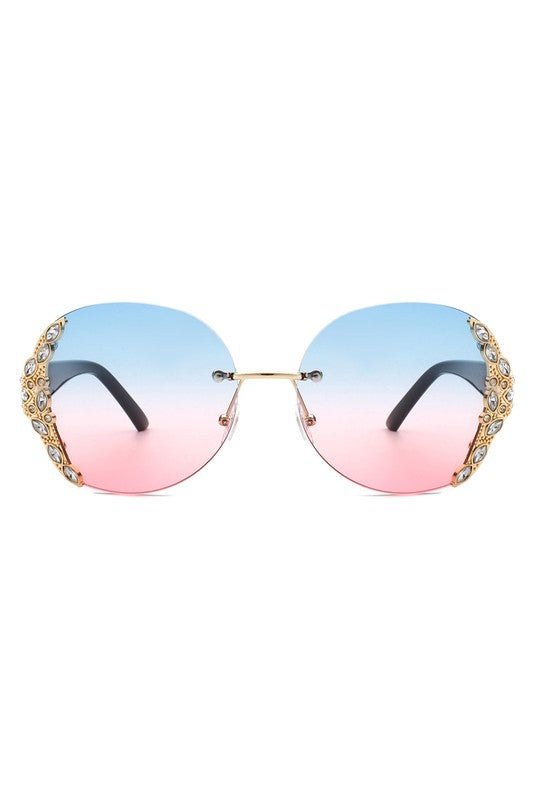 Women Rimless Round Rhinestone Oversize Sunglasses