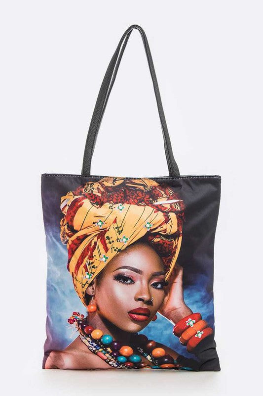 Ankara Turban Girl Embellished Large Tote Bag