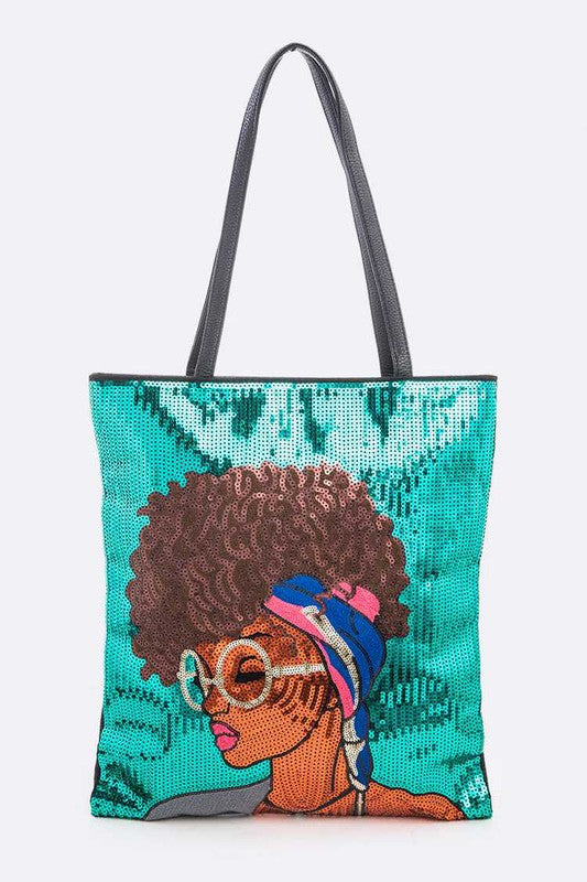 Glasses Girl Sequins Large Tote Bag