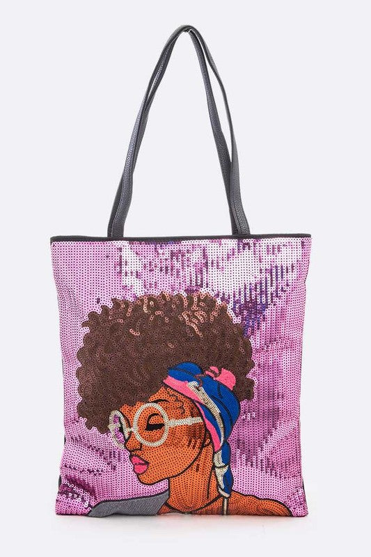 Glasses Girl Sequins Large Tote Bag