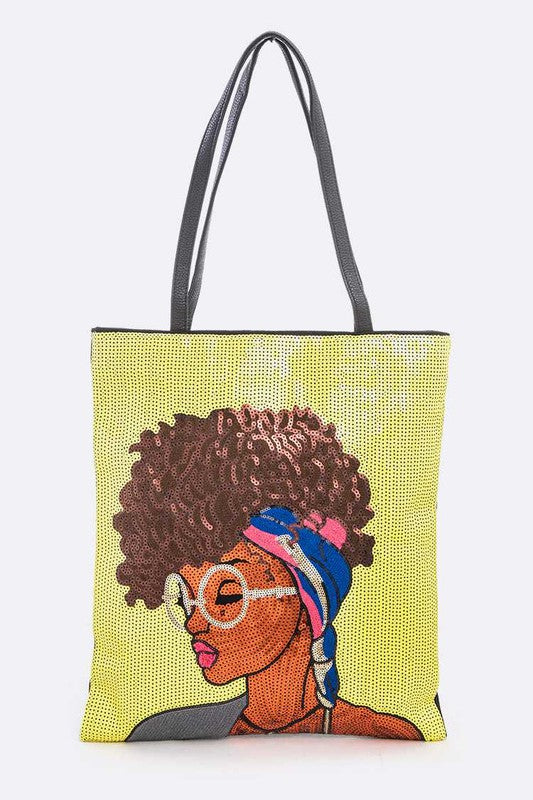 Glasses Girl Sequins Large Tote Bag