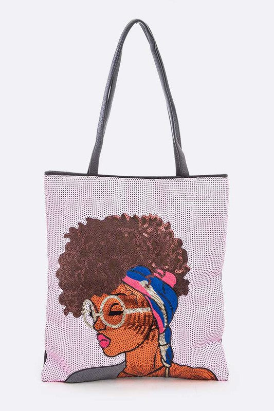 Glasses Girl Sequins Large Tote Bag