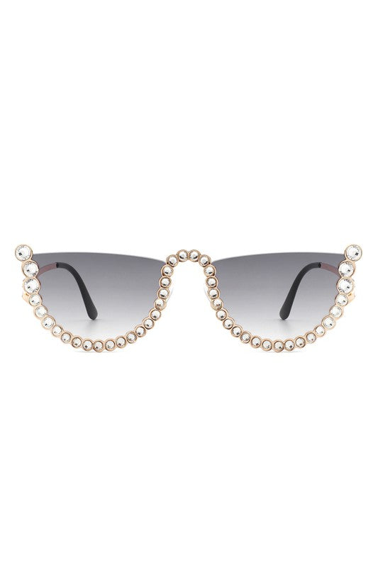 Half Frame Rhinestone Round Fashion Sunglasses