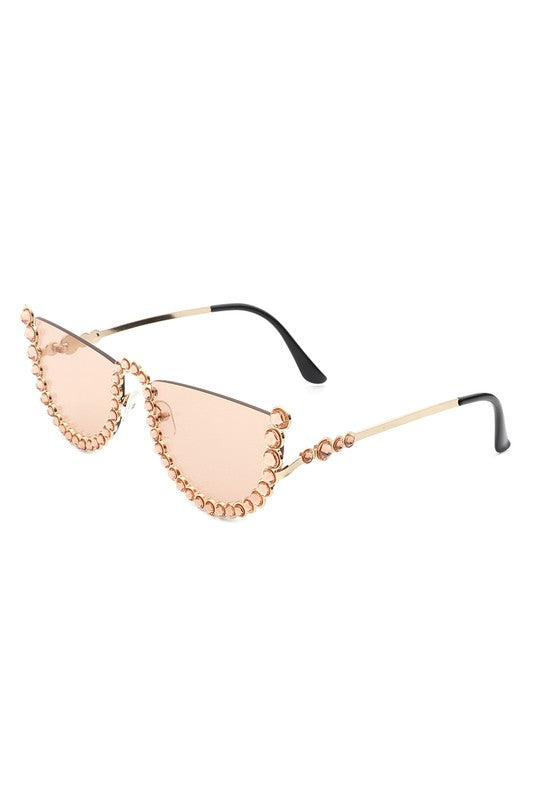 Half Frame Rhinestone Round Fashion Sunglasses