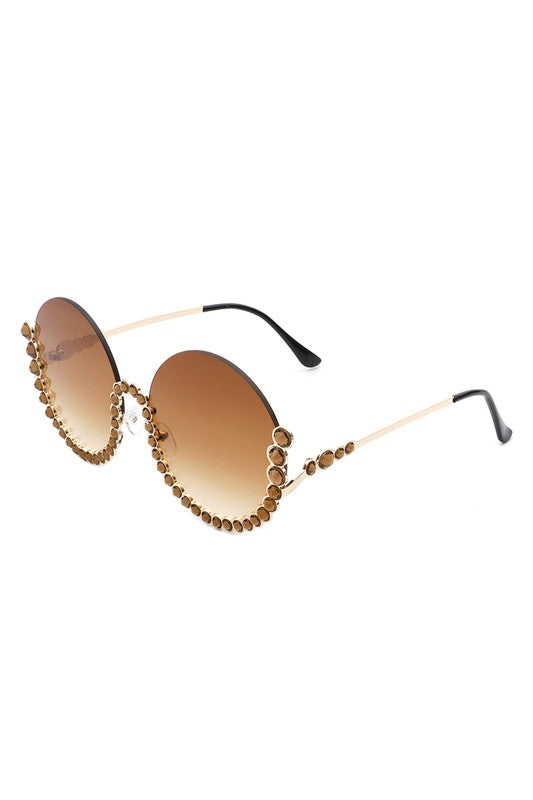 Half Frame Oversize Rhinestone Round Sunglasses