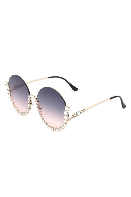 Half Frame Oversize Rhinestone Round Sunglasses