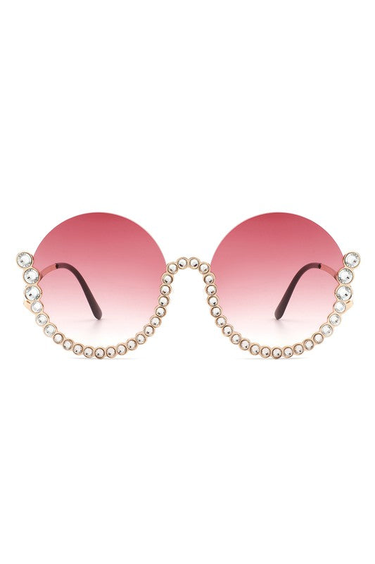 Half Frame Oversize Rhinestone Round Sunglasses