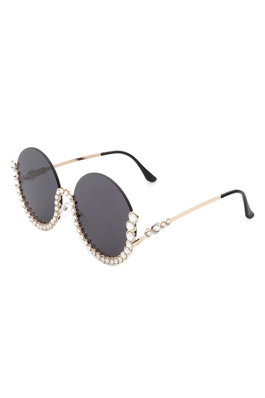 Half Frame Oversize Rhinestone Round Sunglasses