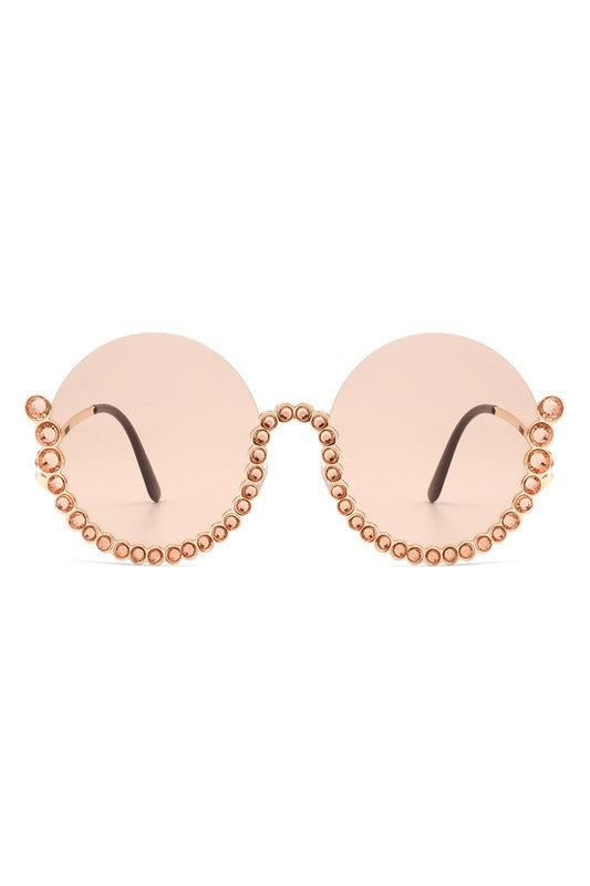 Half Frame Oversize Rhinestone Round Sunglasses