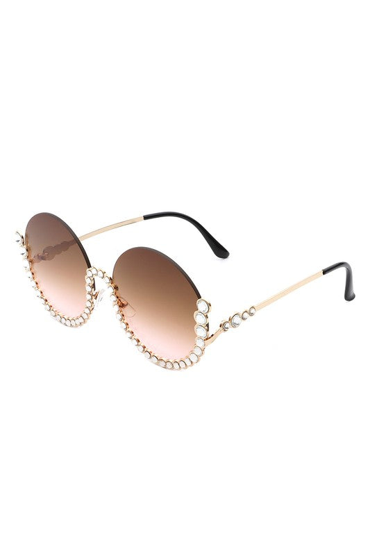 Half Frame Oversize Rhinestone Round Sunglasses