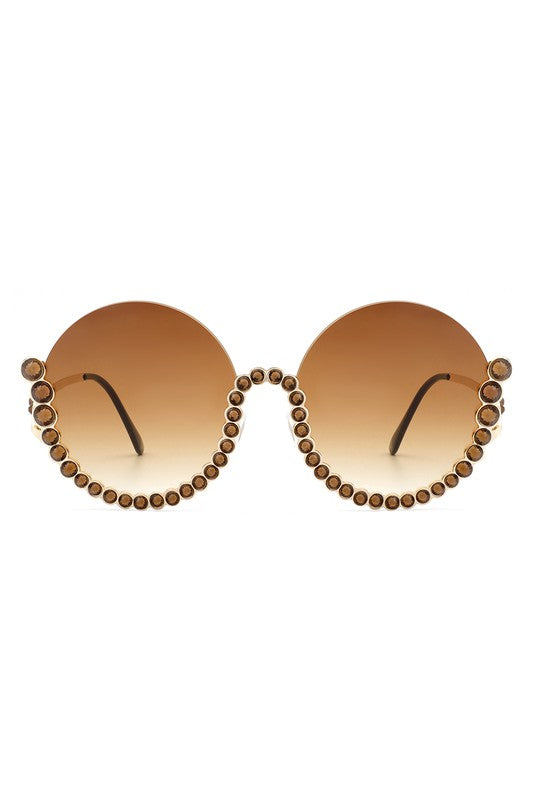 Half Frame Oversize Rhinestone Round Sunglasses