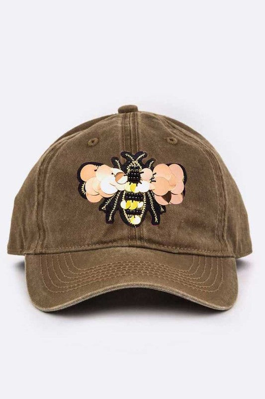 Large Sequin Embroidered Bee Patch Cotton Cap