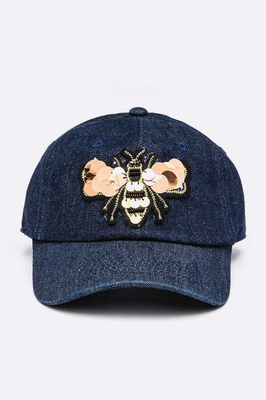 Large Sequin Embroidered Bee Patch Cotton Cap