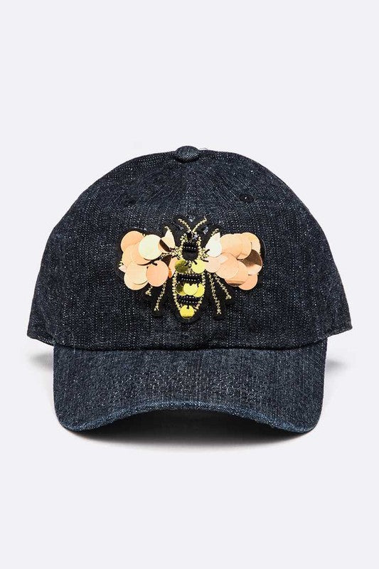 Large Sequin Embroidered Bee Patch Cotton Cap