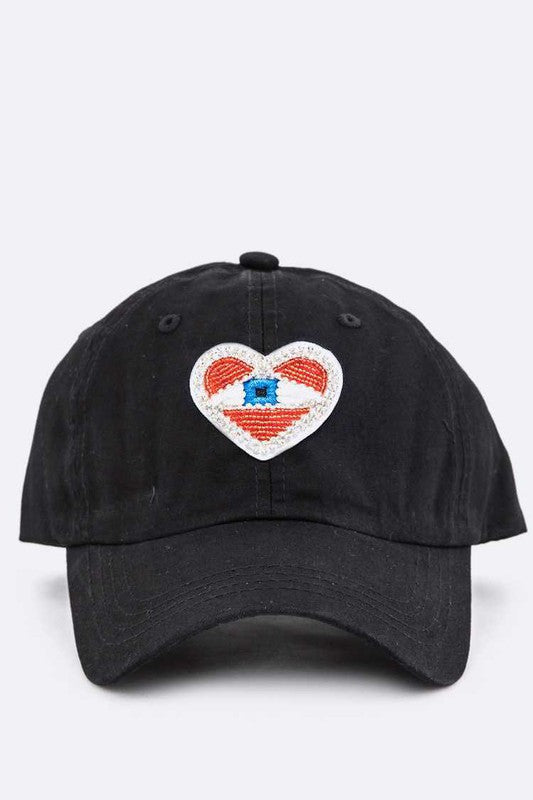 Beaded Eye Heart Patch Cotton Cap