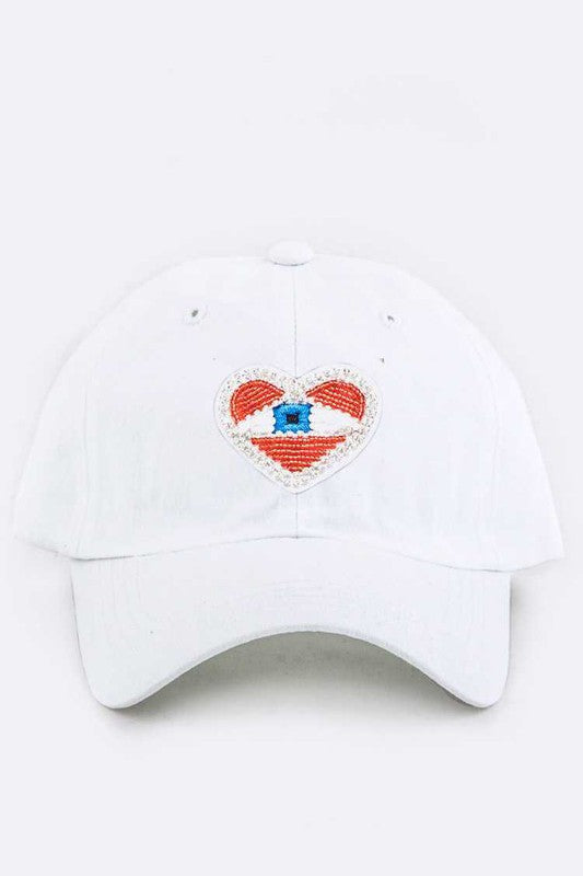 Beaded Eye Heart Patch Cotton Cap