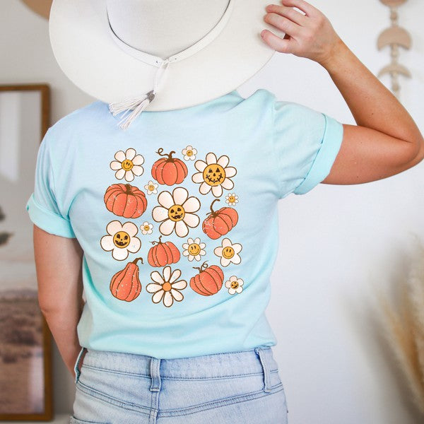 Distressed Flowers And Pumpkins Front & Back Tee