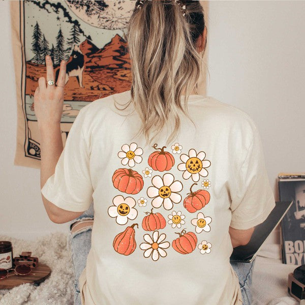 Distressed Flowers And Pumpkins Front & Back Tee