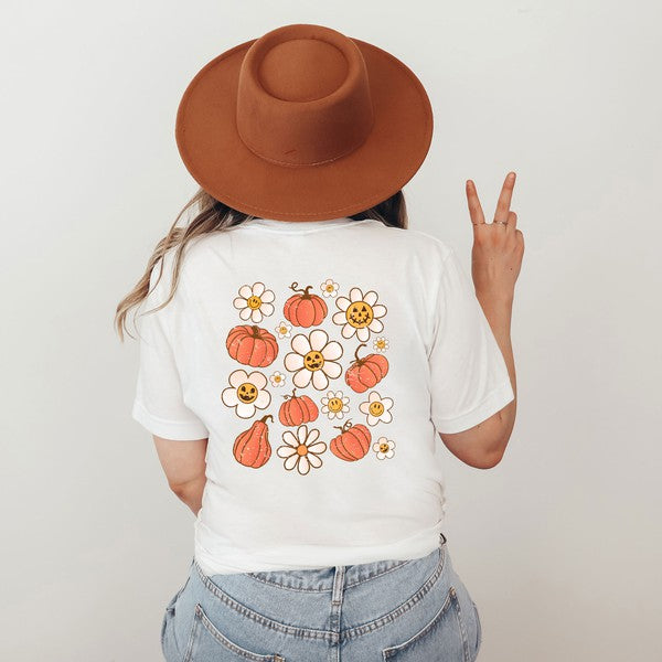 Distressed Flowers And Pumpkins Front & Back Tee