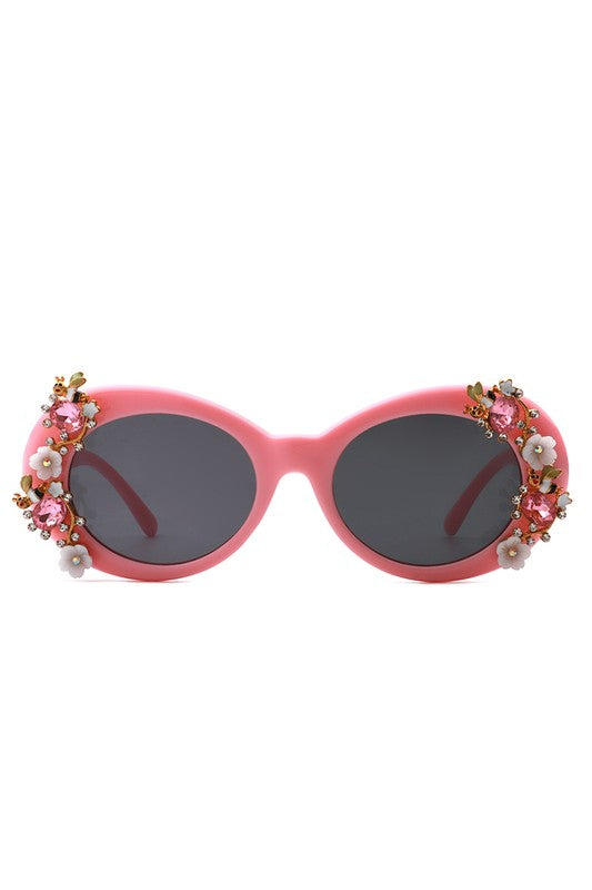 Women Oval Round Floral Design Fashion Sunglasses