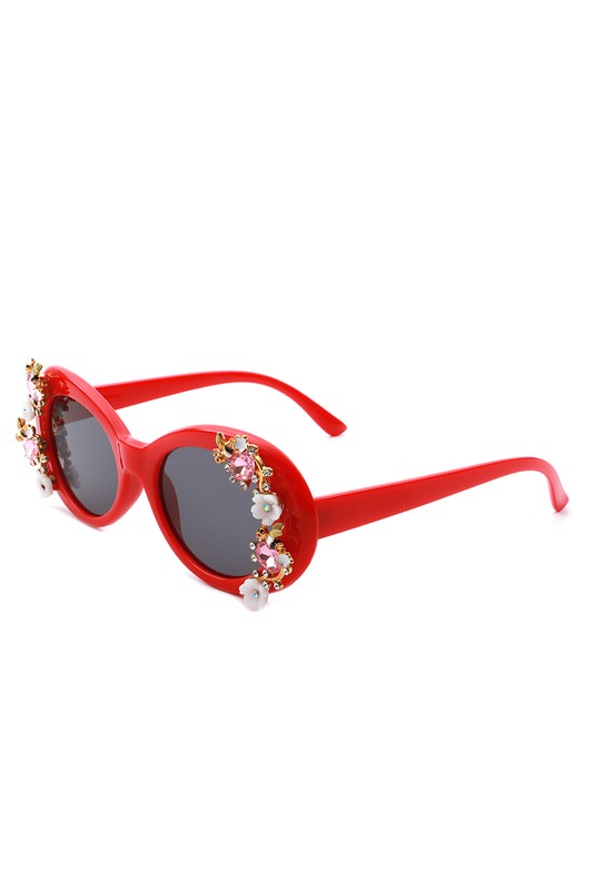 Women Oval Round Floral Design Fashion Sunglasses