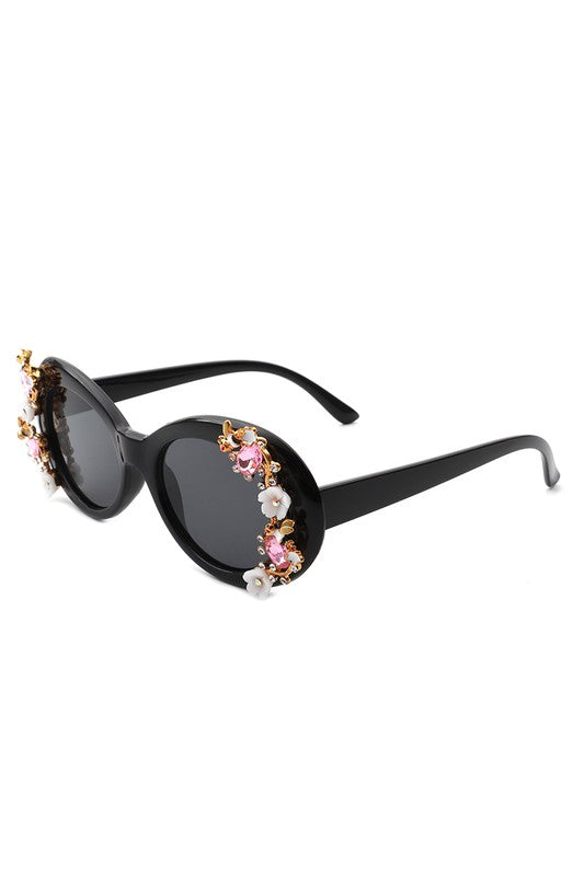 Women Oval Round Floral Design Fashion Sunglasses