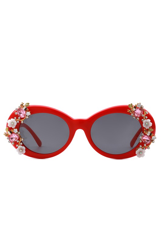 Women Oval Round Floral Design Fashion Sunglasses