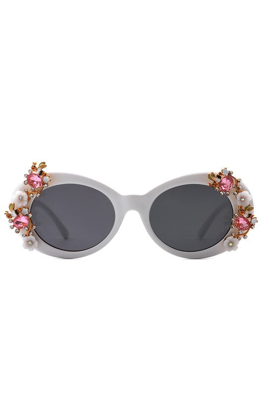 Women Oval Round Floral Design Fashion Sunglasses