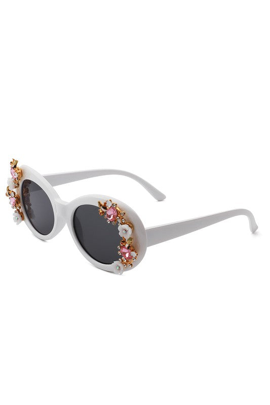 Women Oval Round Floral Design Fashion Sunglasses