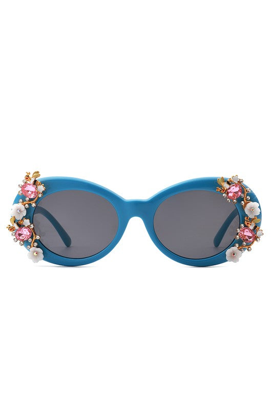 Women Oval Round Floral Design Fashion Sunglasses