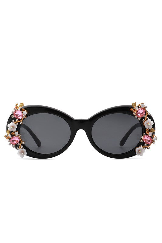 Women Oval Round Floral Design Fashion Sunglasses