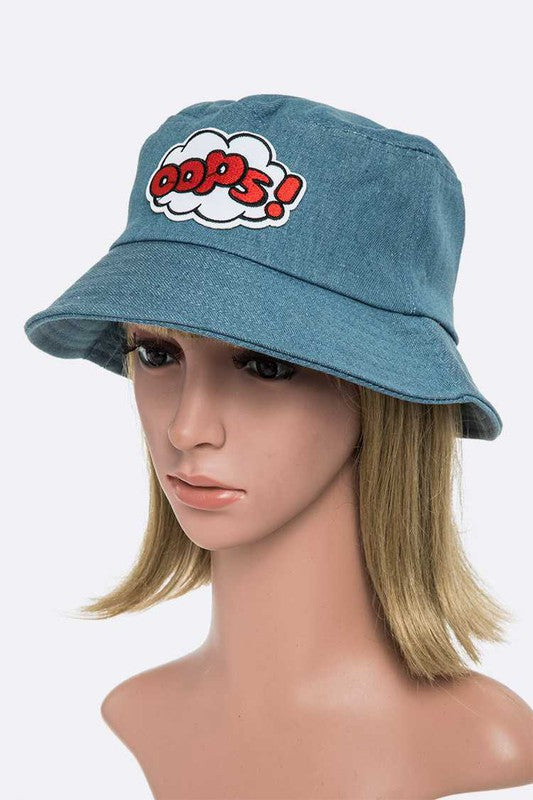 Oops Embroidered Patch Denim Bucket Hat