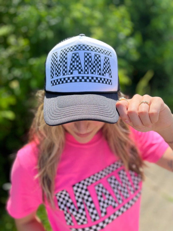 Mama Checkered Ponytail Trucker Hat