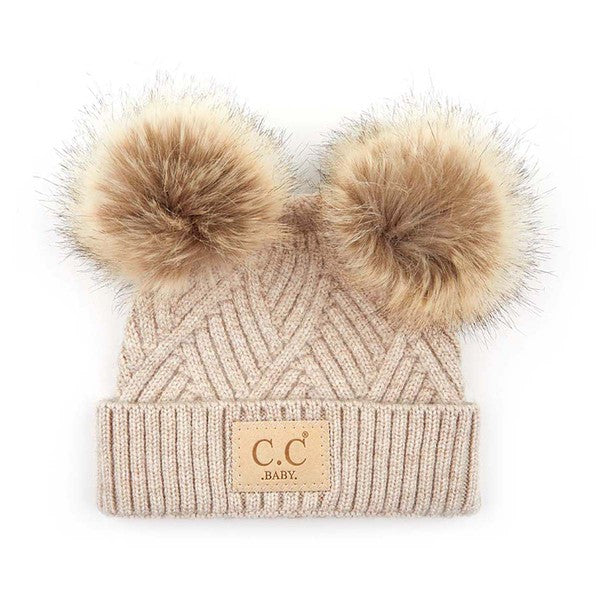 CC Baby Double Pom Criss-Cross Pattern Beanie