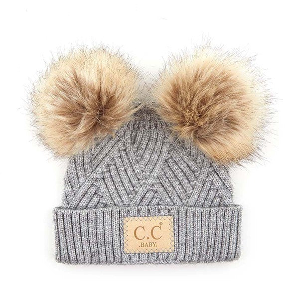 CC Baby Double Pom Criss-Cross Pattern Beanie